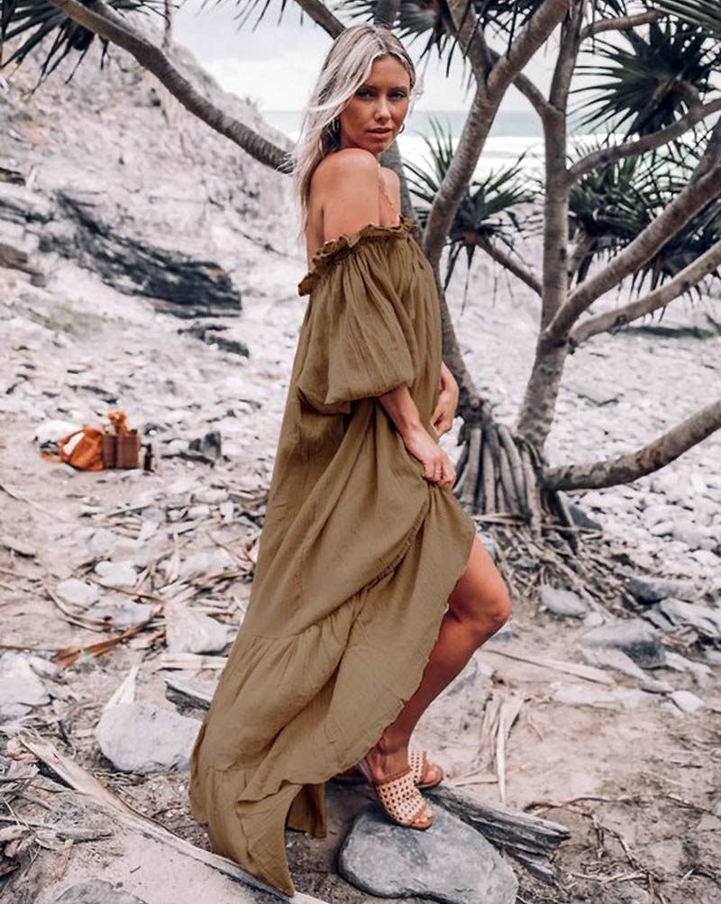 Длинное бохо платье с открытыми плечами