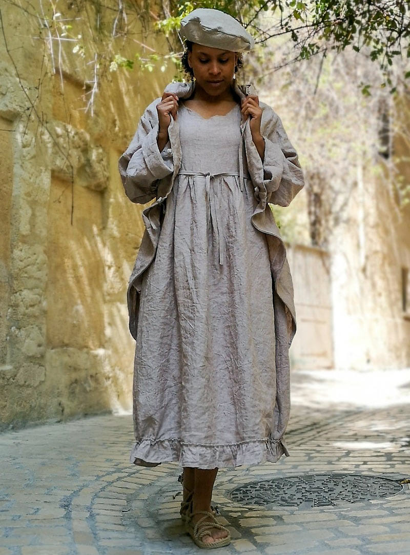 Длинное бохо платье из серого льна